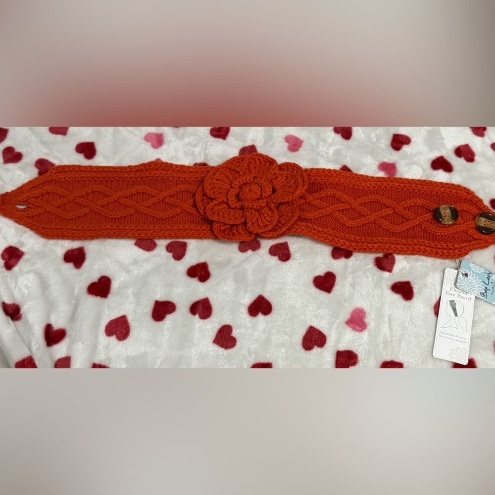 Mud Pie Burnt Orange Knit Adjustable Flower Ear Band! Button Closure. NWT
